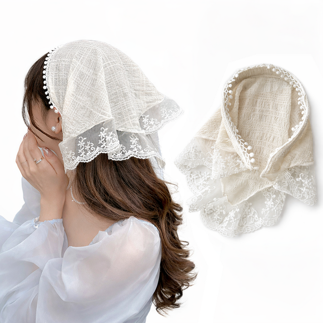 딥톡 여성용 레이스 삼각 스카프 헤어 머리띠 2종 세트 DT0396