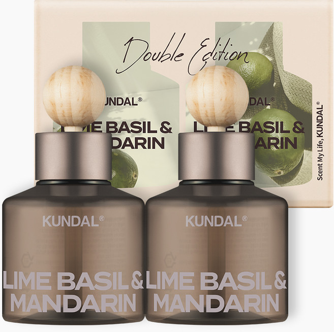 쿤달 퍼퓸 차량용 방향제 75ml 2p + 우드볼 스틱 2p 세트, 라임바질앤만다린, 1세트