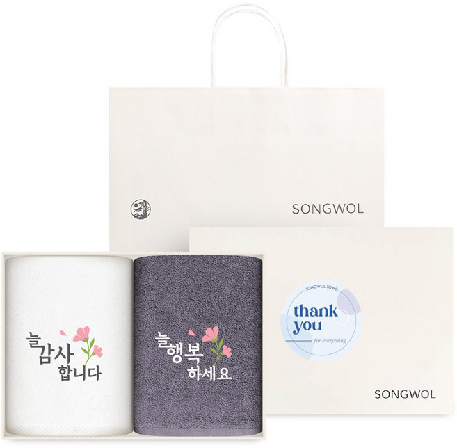 송월타월 늘 감사합니다 자수 호텔타월 150g 30수 면사 2장 선물세트, 혼합색상, 1세트