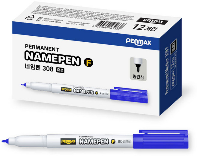 펜맥스 308F 중간글씨용 네임펜, 청색, 12개