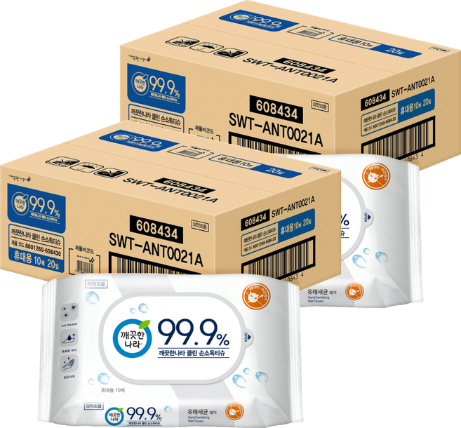 깨끗한나라 99.9% 손소독 물티슈 휴대용, 10매, 40개