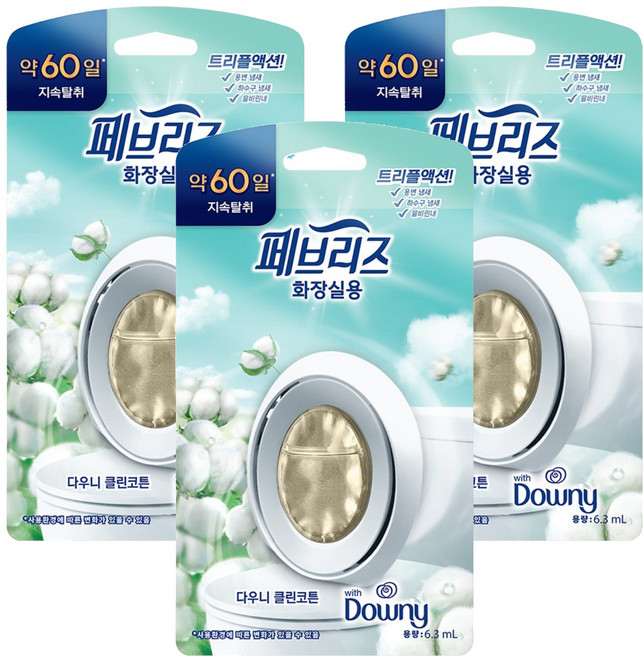 페브리즈 비치형 화장실용 다우니 클린코튼향 탈취제 본품, 6.3ml, 3개