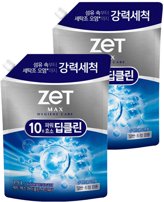 리큐제트 맥스 하이클린 샤인워터 쿨 코튼향 세탁세제 리필, 1.5L, 2개