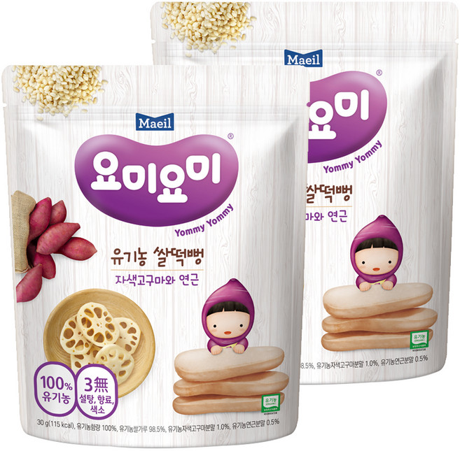 매일유업 요미요미 유기농 쌀떡뻥, 자색고구마와 연근, 30g, 2개