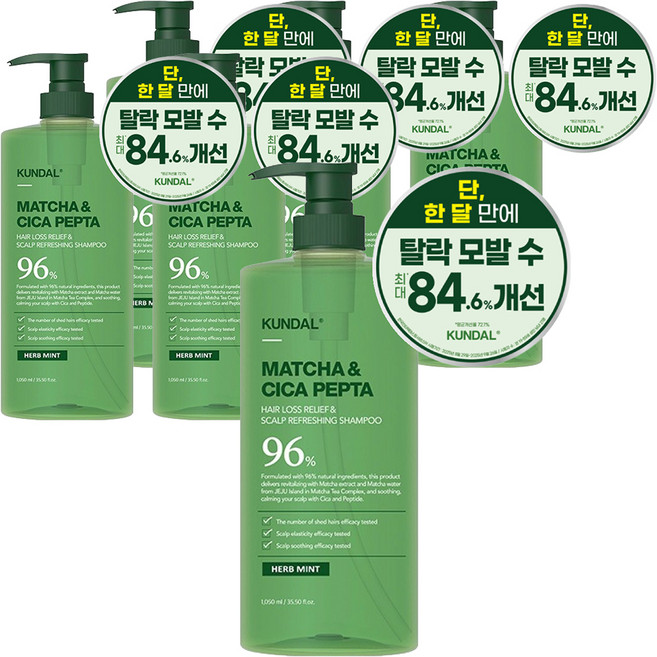 KUNDAL 昆黛爾 抹茶積雪草胜肽防掉髮洗髮精 草本薄荷, 1.05L, 6個