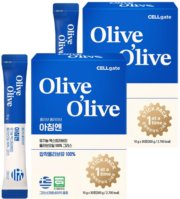 셀게이트 올리브 올라이브 아침엔 유기농 엑스트라버진 올리브오일 그리스 30p, 300g, 2개