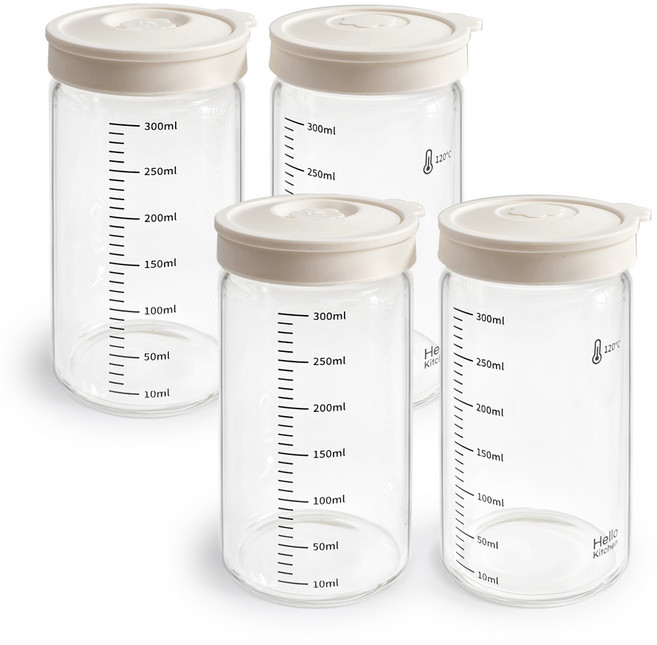 헬로키친 내열유리 실리콘캡 눈금 유리병, 300ml, 4개