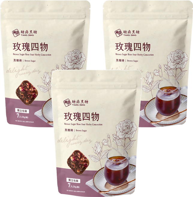 糖鼎 黑糖玫瑰四物茶磚, 3袋, 30g, 7顆