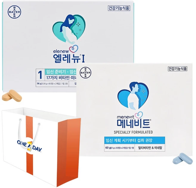 바이엘 남여 임신준비 멀티비타민 엘레뉴 1단계 96g + 메네비트 60g 세트, 180정, 1세트 - 쿠팡