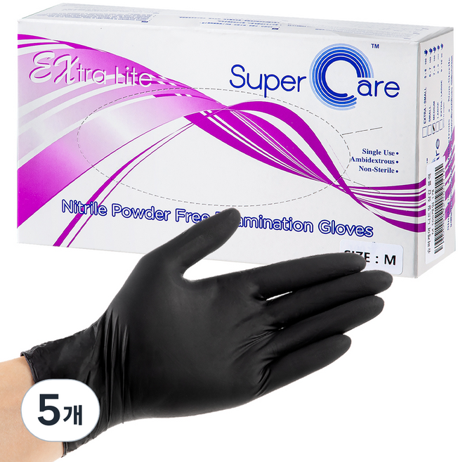 슈퍼케어 니트릴 장갑, 블랙, 중(M), 5개