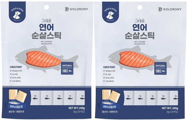 골드로니 반려동물 그대로 순살스틱 간식 30p, 연어, 240g, 2개