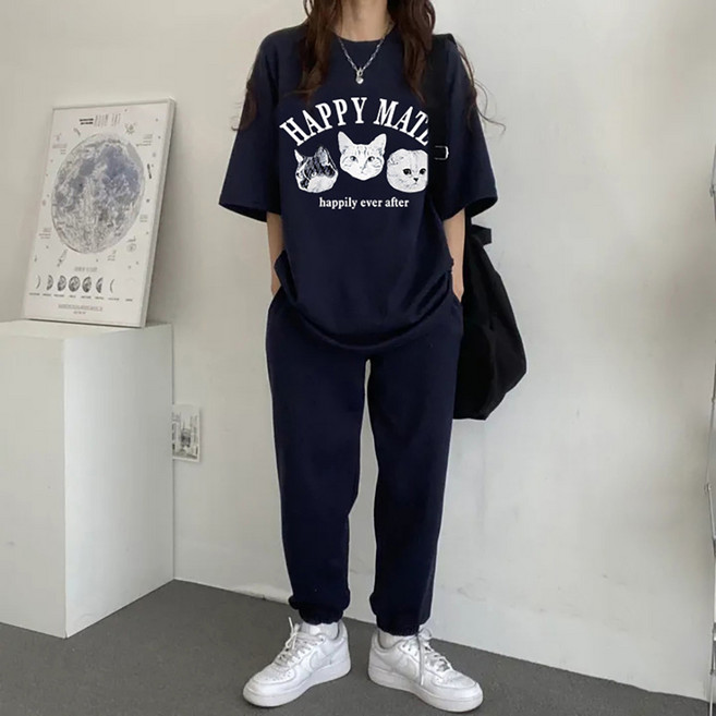 메이첼 해피 캣츠 루즈핏 반팔티 조거팬츠 캐주얼 세트 10198