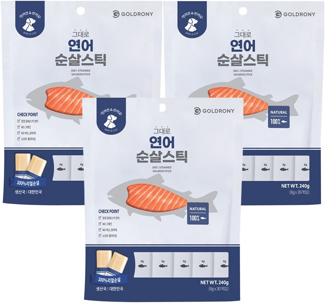 골드로니 반려동물 그대로 순살스틱 간식 30p, 연어, 240g, 3개