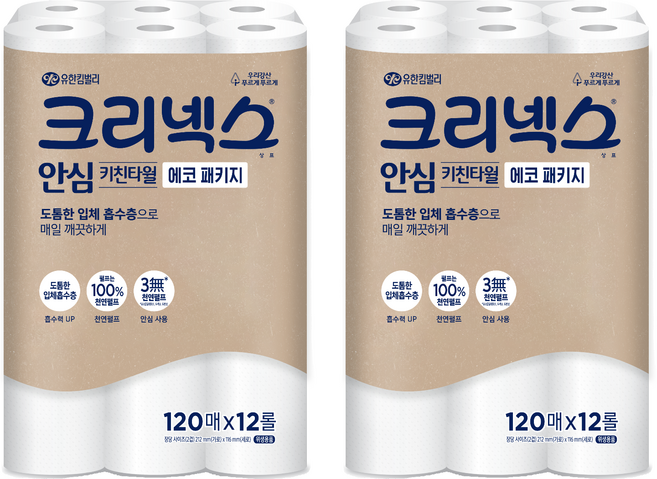크리넥스 안심 천연펄프 키친타월 에코 패키지, 120매, 24개