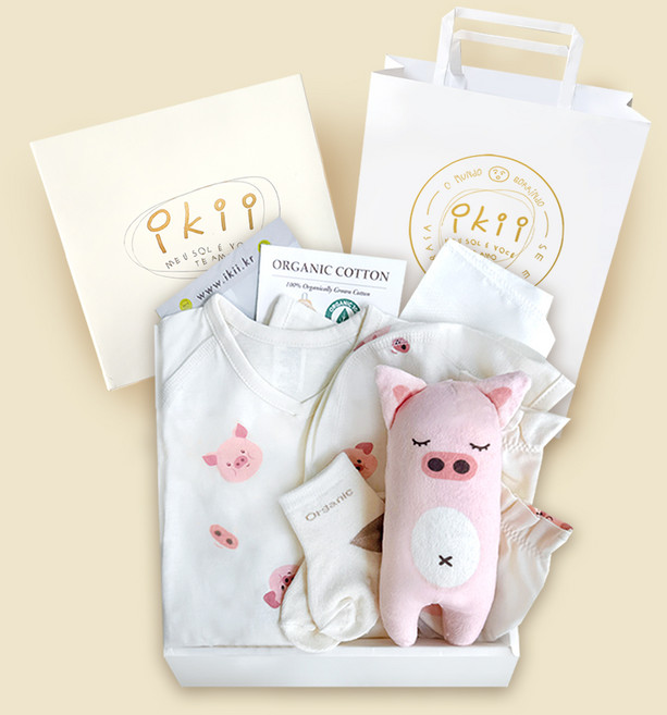 ikii 신생아 오가닉 긴소매 바디슈트 7종 출산 선물세트 + 쇼핑백