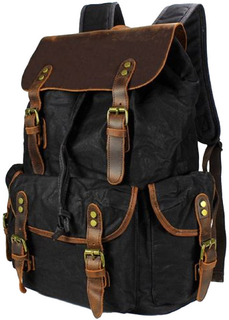 過蠟防潑水帆布配頭層瘋馬牛皮男士大容量雙肩包/後背包/登山包/男包, 黑色, 1個