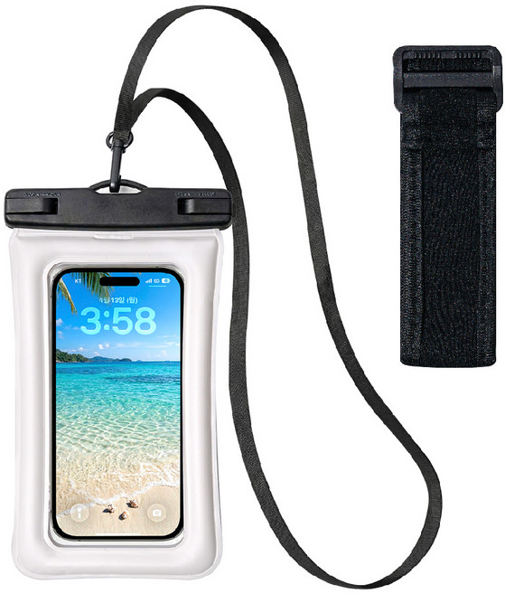 구스페리 프리미엄 4중잠금 튜브 휴대폰 방수팩 + 목스트랩 + 암밴드, 화이트, 1개