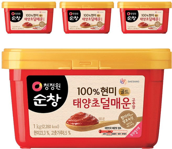 청정원순창 100% 현미 골드 태양초 덜매운 고추장, 1kg, 4개