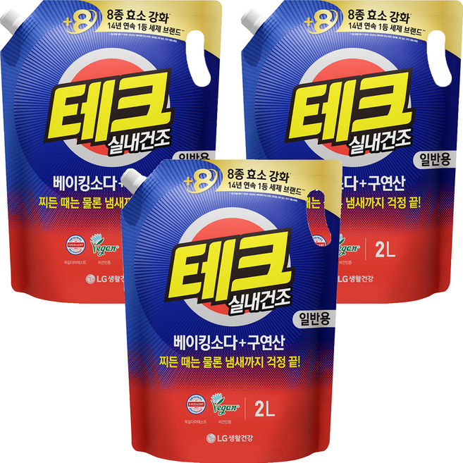 테크 베이킹소다 플러스 구연산 실내건조 액체세제 일반용 리필, 2L, 3개