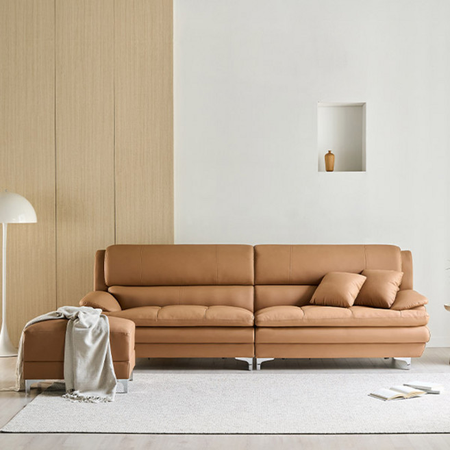 삼익가구 에클레르 프리미엄 4인용 가죽 소파 + 쿠션2p + 스툴 세트 방문설치, 카멜