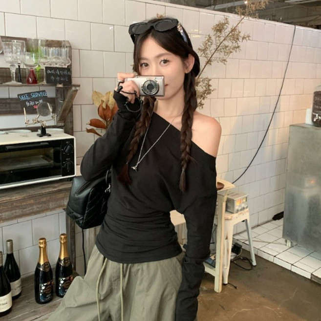 피어니스트 여성용 슬림 언발 오프숄더 무지 긴팔 티셔츠