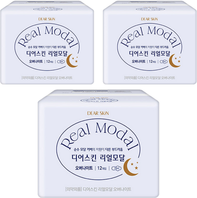 디어스킨 리얼모달 생리대, 오버나이트, 12개입, 3개