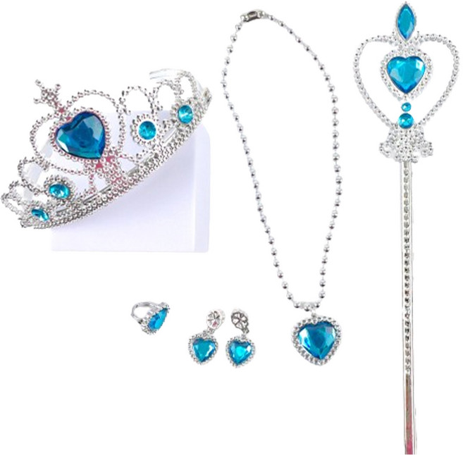 파티쇼 공주 왕관 + 목걸이 + 귀걸이 + 요술봉 + 반지 세트, 블루, 1세트