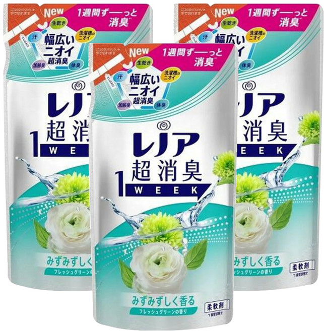 Lenor 蘭諾 日本原裝進口 1WEEK 超強除臭衣物柔軟精補充包 綠色清香, 380ml, 3袋