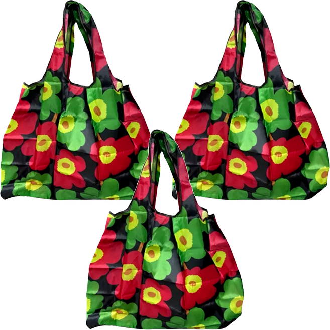 超質感厚實環保購物袋, 黑底綠花朵, 3個