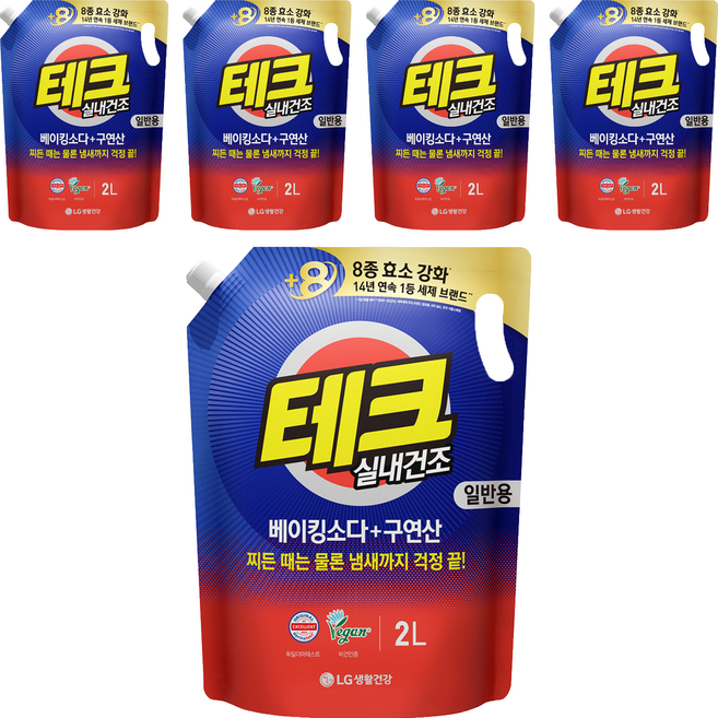 테크 베이킹소다 플러스 구연산 실내건조 액체세제 일반용 리필, 2L, 5개
