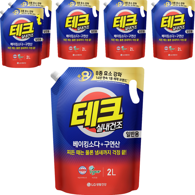 테크 베이킹소다 플러스 구연산 실내건조 액체세제 일반용 리필, 2L, 6개