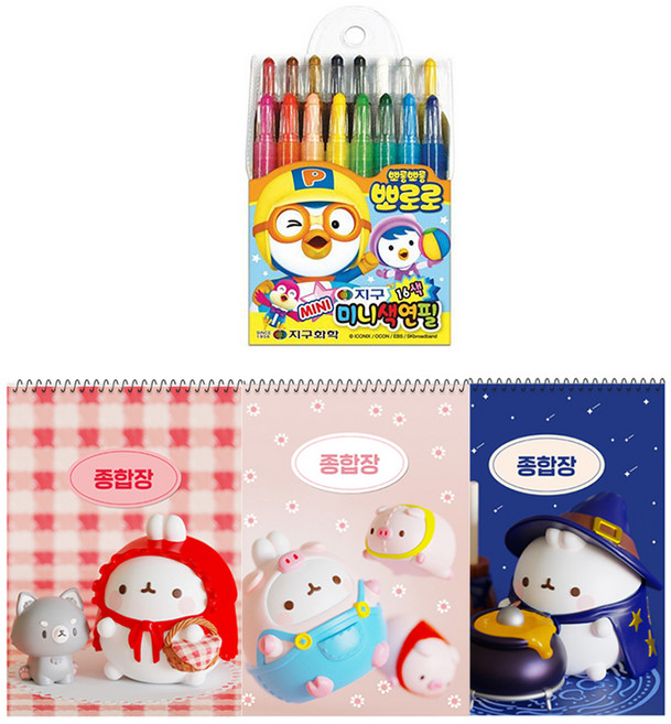 몰랑이 두툼 종합장 랜덤발송 3p + 지구화학 뽀로로 미니 16색 색연필, 혼합색상, 1세트