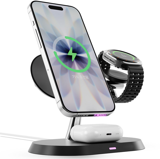 일리온 3 in 1+1 애플워치 갤럭시워치 호환 맥세이프 마그네틱 고속 무선 충전기, 블랙, 1개