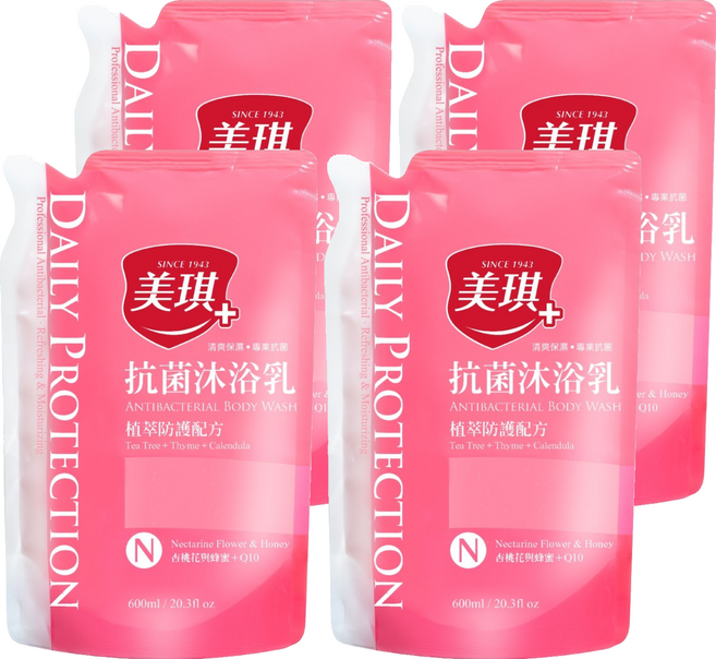 美琪抗菌沐浴乳補充包 植萃防護配方 含茶樹百里香金盞花, 600ml, 4包