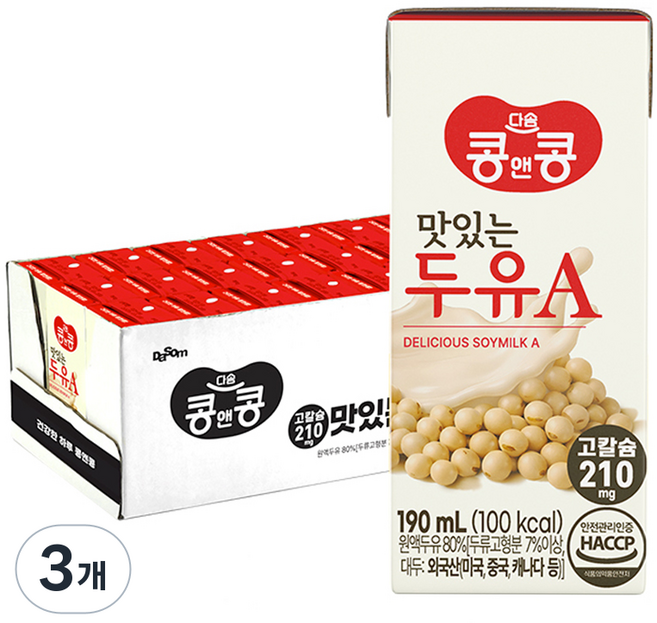 콩앤콩 고칼슘 맛있는 두유 A 달콤한 맛, 72개, 190ml