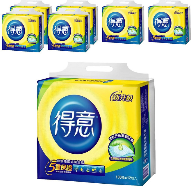 得意 連續抽取式花紋衛生紙 100張 - 柔軟舒適 原生紙漿 大容量, 12包, 7袋