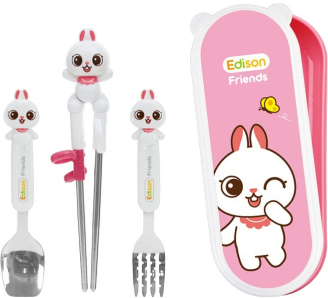 Edison Friends 兒童餐具組 可愛動物角色學習筷, 兔子 Ranny, 右手學習筷 + 湯匙 + 叉子+ 收納盒, 1組