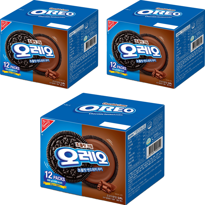 오레오 초콜릿 샌드위치 쿠키 초콜릿 크림, 600g, 3개