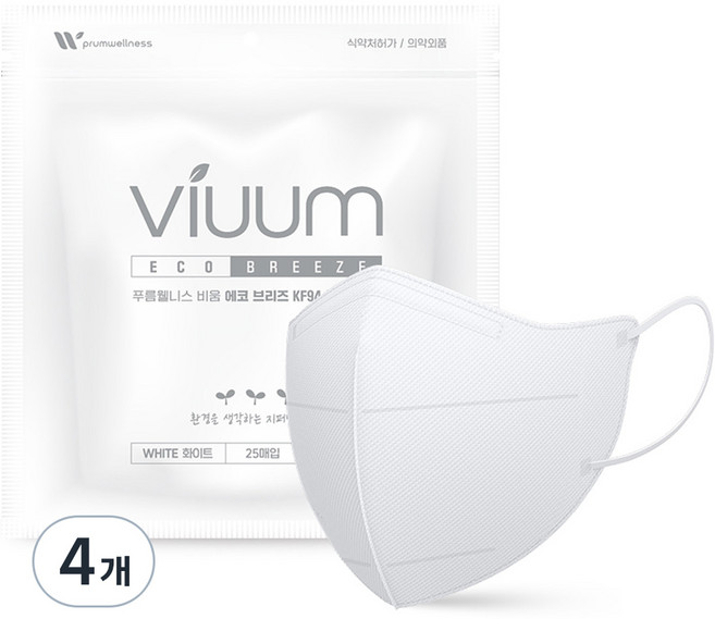 viuum 에코 브리즈 새부리형 마스크 중형 KF94, 25개입, 4개, 화이트