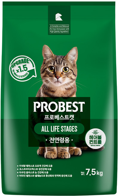 프로베스트 고양이 그린 전연령 기능성 사료, 헤어볼+장건강, 7.5kg, 1개