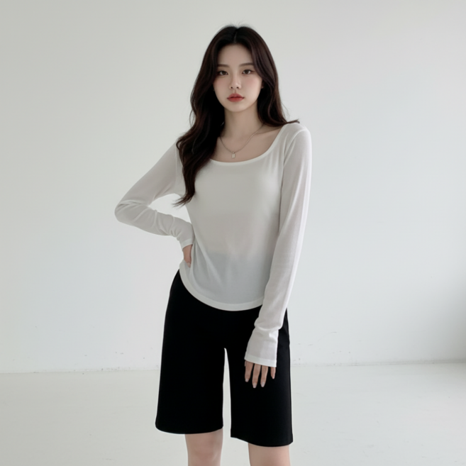 구디프 여성용 여리핏 슬림 딥유넥 라운드 슬릿 기본 긴팔티