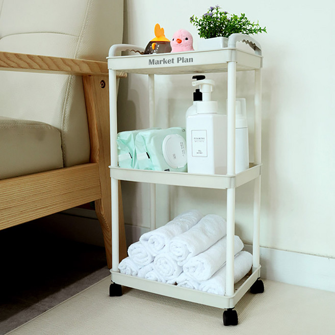 마켓플랜 이동식 스퀘어 선반 트롤리, 화이트, 3단