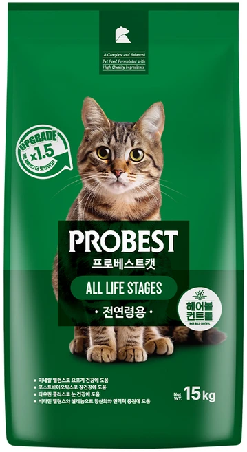 프로베스트 고양이 그린 전연령 기능성 사료, 헤어볼+장건강, 15kg, 1개 - 쿠팡