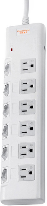 PowerSync 群加 6開6插高耐防雷擊延長用電源線組 PWS-EMS6618 32.4 x 7.3 x 3.15cm 709g, 1.8公尺, 白色, 1個