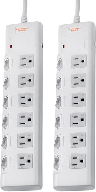 PowerSync 群加 6開6插高耐防雷擊延長用電源線組 PWS-EMS6618 32.4 x 7.3 x 3.15cm 709g, 1.8公尺, 白色, 2個