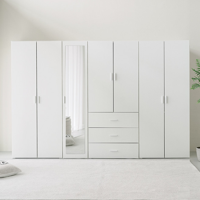 퍼리든 리르안 옷장 2800 A세트 거울형 2단 행거형 800 + 1단 행거 선반형 + 3단 서랍형 800 + 1단 행거 선반형 800 장롱세트 방문설치, 화이트