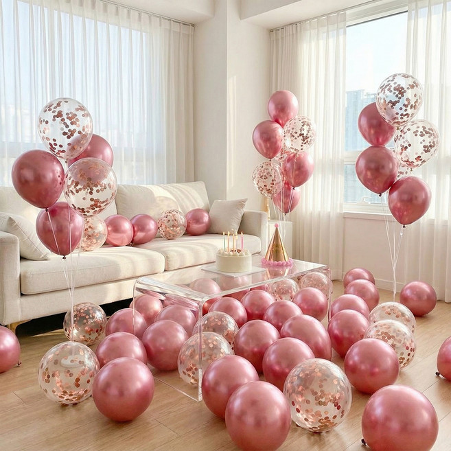 뷰라뷰 파티풍선 50p + 공기펌프 + 10m 리본 1롤, 03 핑크 + 샴페인스팽글, 1세트