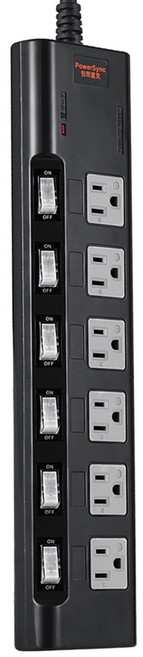 PowerSync 群加 6開6插高耐燃尿素防雷擊磁鐵延長線, 1.8m, 黑色, 1個