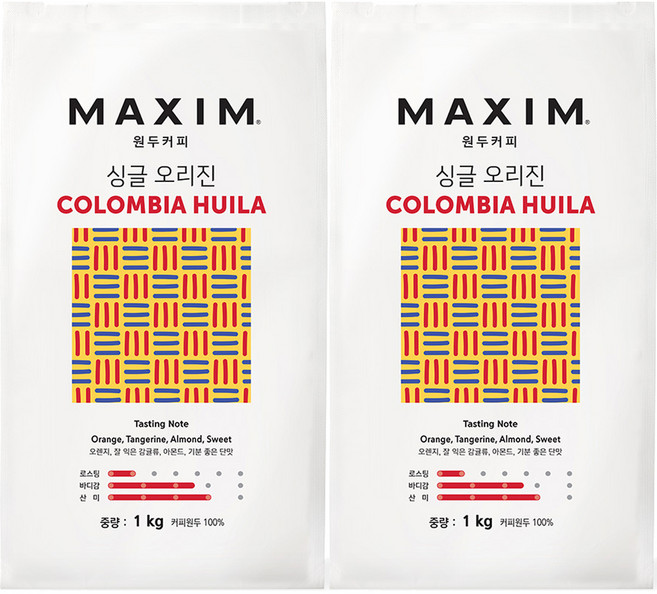 맥심 싱글 오리진 콜롬비아 우일라 원두커피, 홀빈(분쇄안함), 1kg, 2개