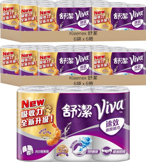 Kleenex 舒潔 Viva 食安級耐用廚房紙巾 大小隨意撕 108張, 6捲, 12袋